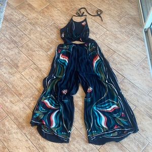 Tie back wide leg cropped romper